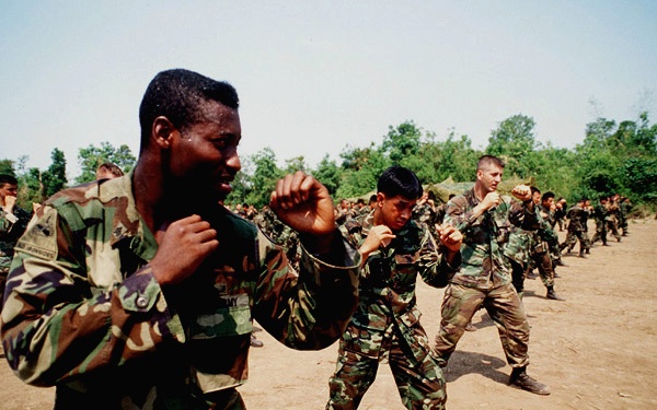 U.S. and Royal Thai soldiers train in hand-to-hand combat in Tak, Thailand.