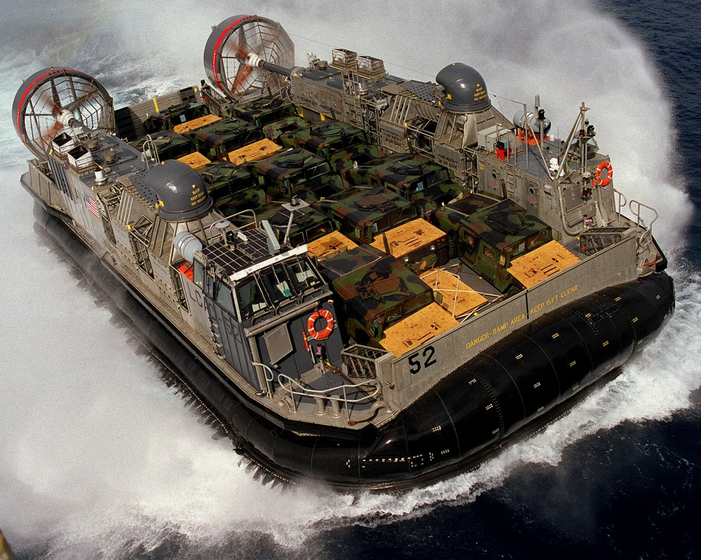 A U.S. Navy Landing Craft Air Cushion flies off the coast of Camp Pendleton.