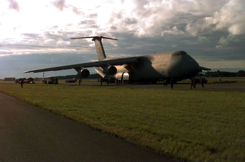 A U.S. Air Force C-5A Galaxy unloads at the airport in Tallinn, Estonia.