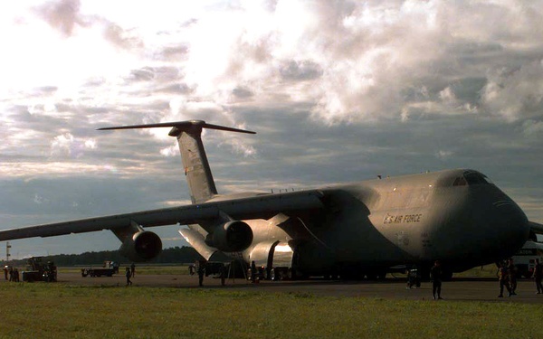 A U.S. Air Force C-5A Galaxy unloads at the airport in Tallinn, Estonia.
