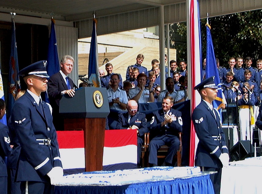President Clinton addresses the audience at the Air Force's 50th Year Anniversary.