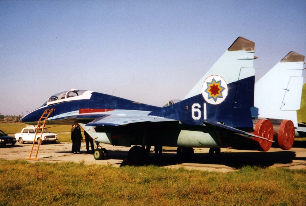 A MiG-29B trainer is readied for air shipment from Moldova to the United States.