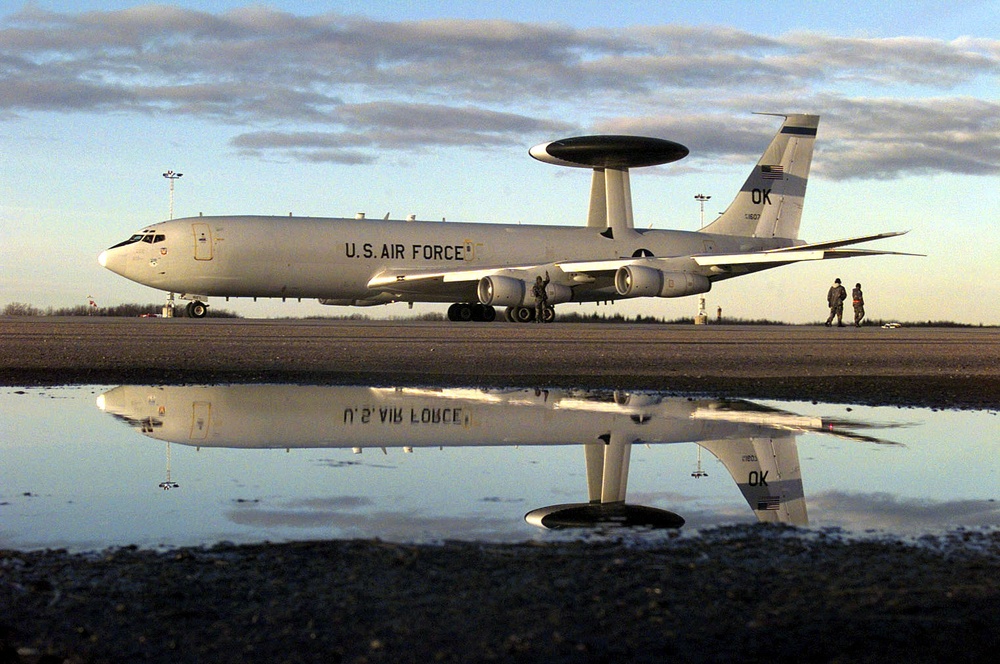 A U.S. Air Force E-3 Sentry is prepared for an Exercise Amalgam Warrior mission.