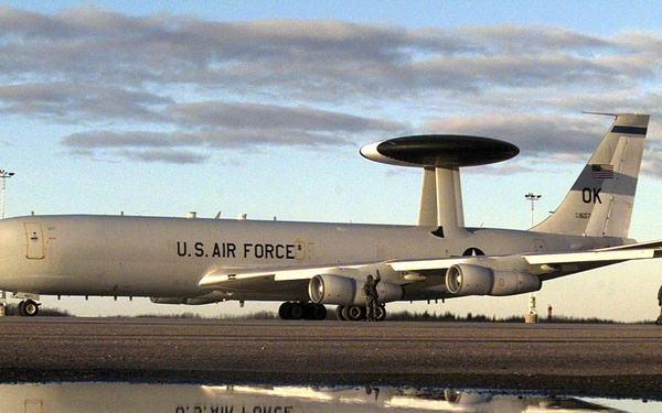 A U.S. Air Force E-3 Sentry is prepared for an Exercise Amalgam Warrior mission.