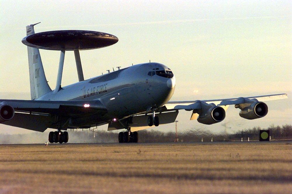 U.S. Air Force E-3 Sentry (AWACS) touches down at 4 Wing Cold Lake, Canada.