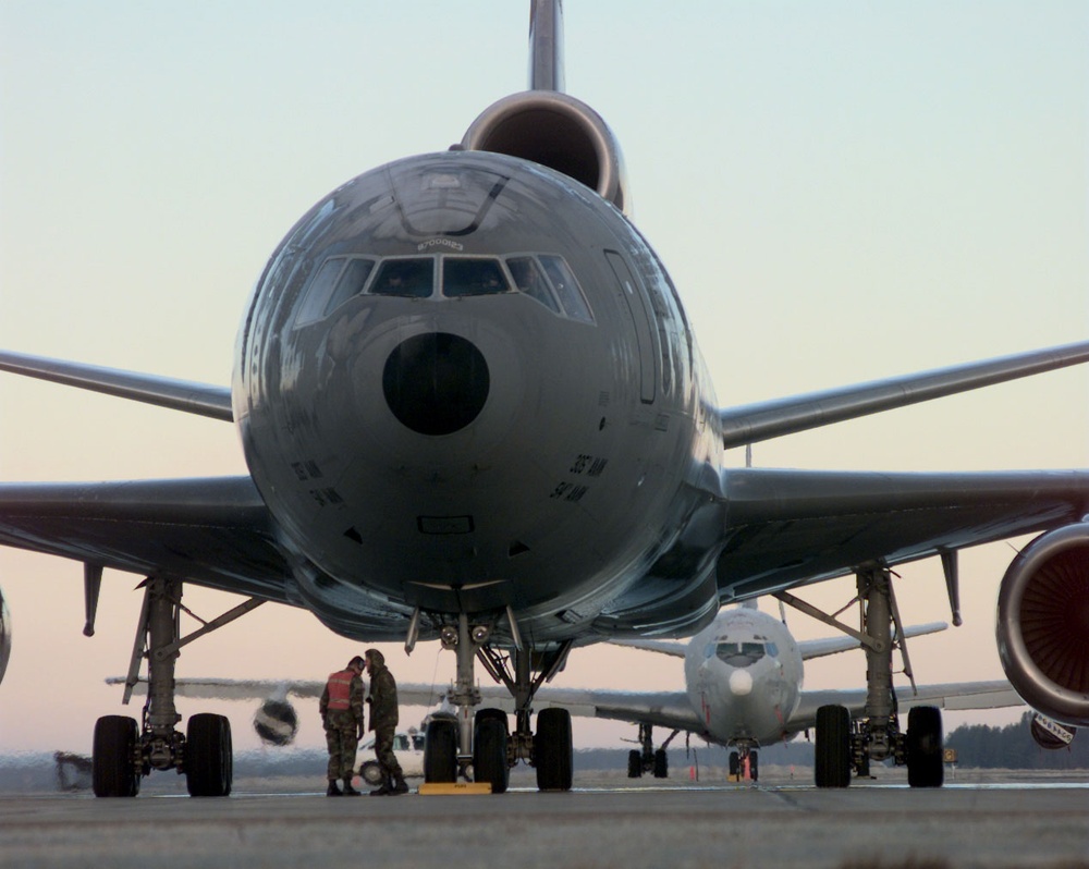 A KC-10A Extender prepares to taxi for an Exercise Amalgam Warrior mission.