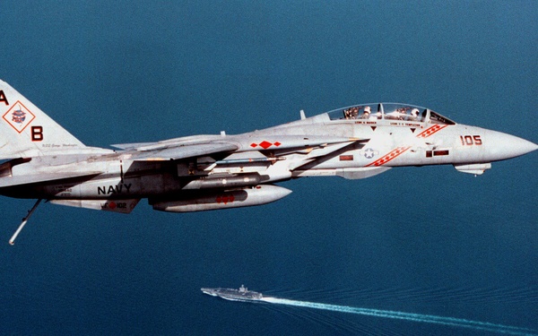 Navy F-14B Tomcat prepares to land on the USS George Washington in the Persian Gulf.