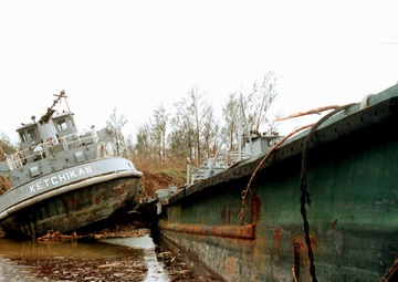 The U.S. Navy tug Ketchikan is beached on Guam by super typhoon Paka.