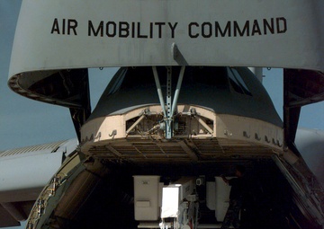 Air Force C-5 Galaxy delivers utility trucks to aid Guam after Super Typhoon Paka.