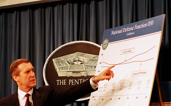 Secretary Cohen briefs the Pentagon press corps on the Fiscal Year 1999 Defense budget.