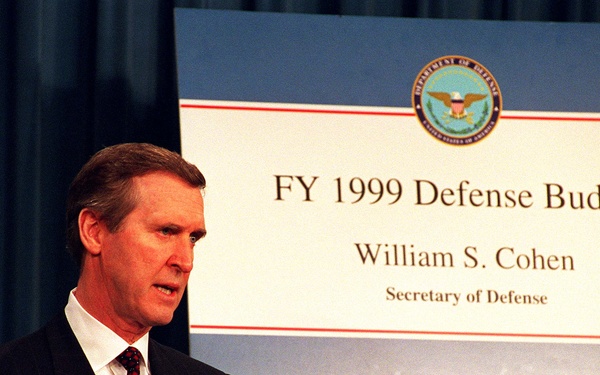 Secretary Cohen answers questions after briefing the Fiscal Year 1999 Defense budget.