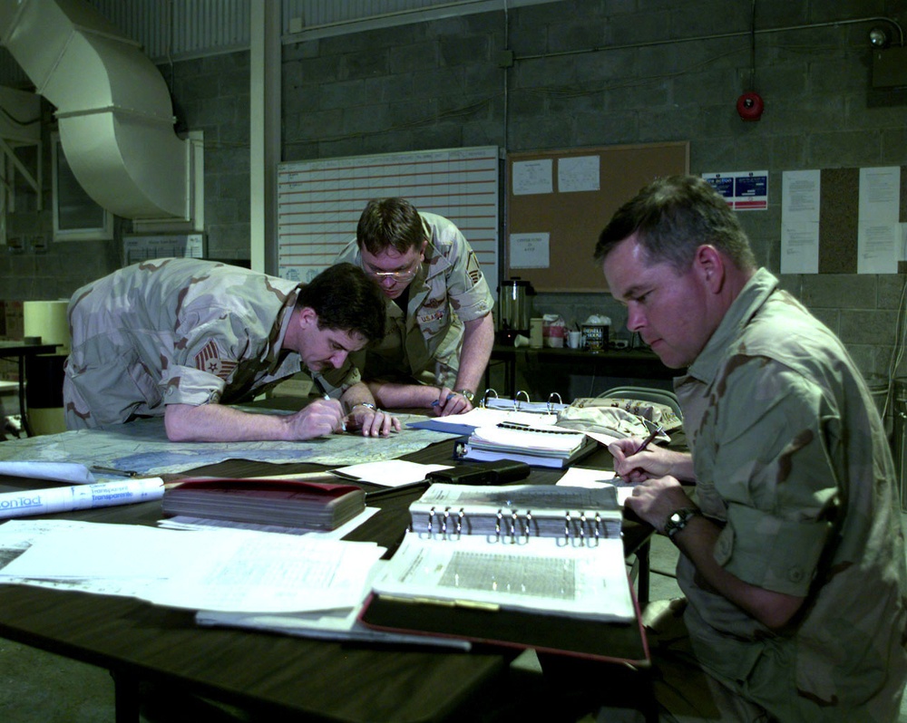 Advanced echelon members from the 305th Air Mobility Wing set up for operations.