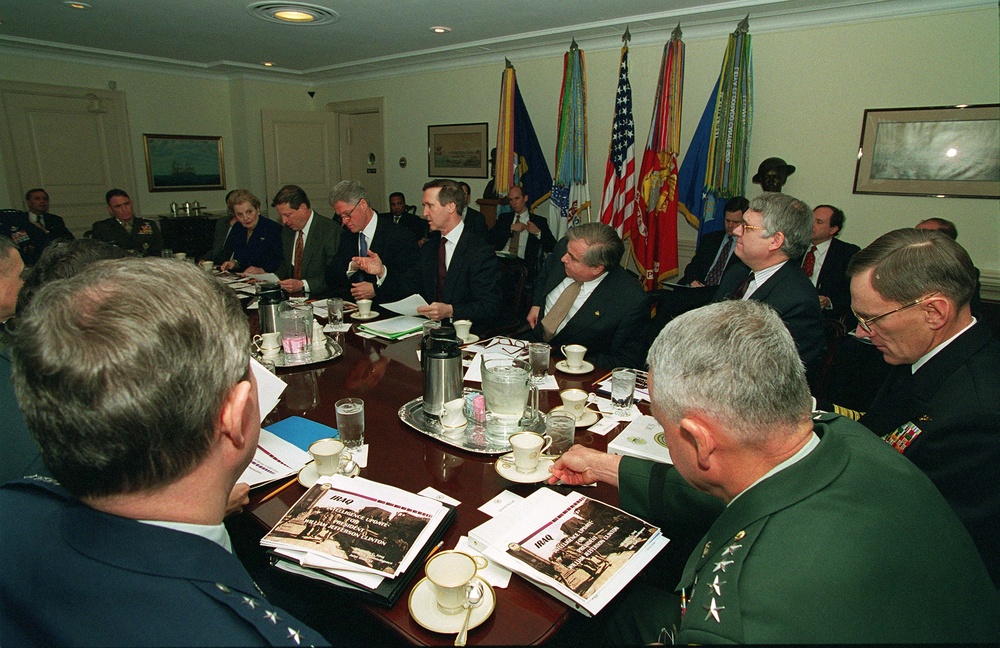 Secretary Cohen gives the opening remarks at a Pentagon briefing for President Bill Clinton.