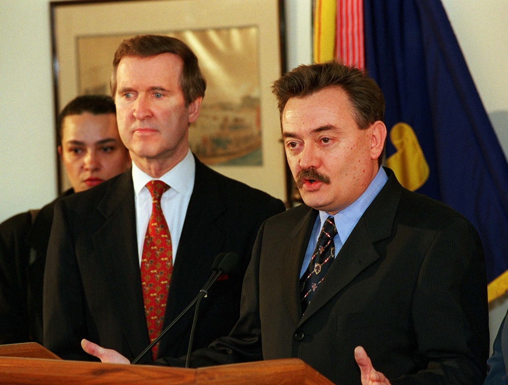 Minister of Defense Lazar Kitanoski responds to a reporter's question in the Pentagon.