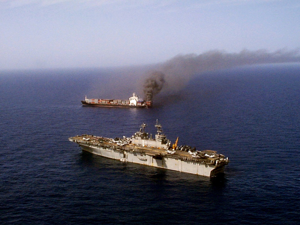 The USS Wasp comes to the aid of the Sea Land Mariner in the Mediterranean Sea.