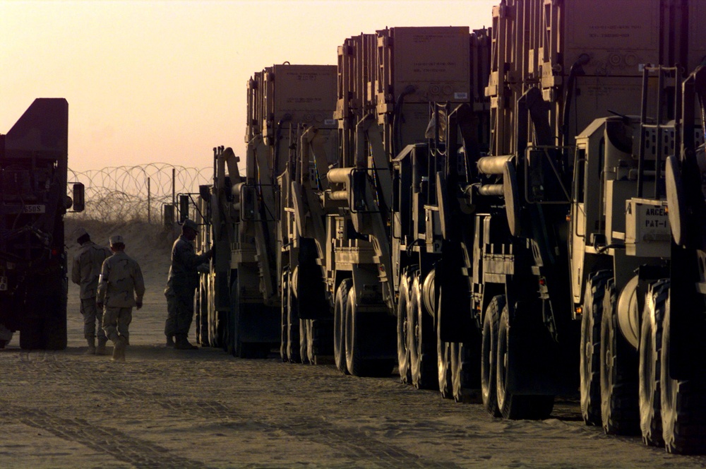 Patriot missile launchers line up for a convoy from Ahmed Al Jaber Air Base, Kuwait.