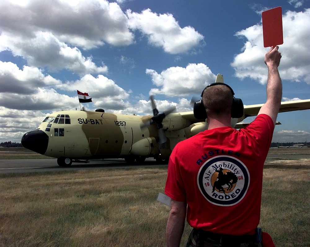 An Egyptian Air Force C-130 Hercules arrives for Air Mobility Rodeo 98.