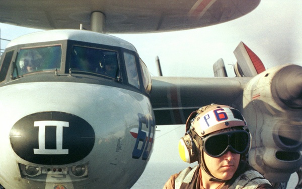 An E-2C Hawkeye responds to the order &quot;turn engines.&quot;