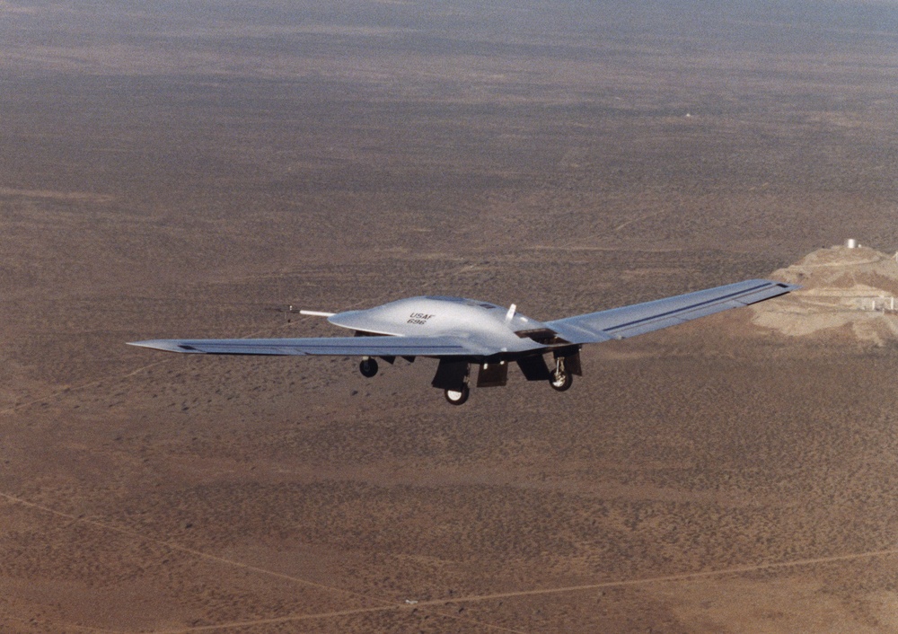 The second Tier III Minus DarkStar UAV flies over Edwards Air Force Base.