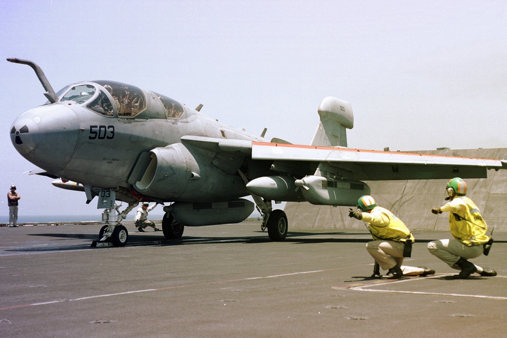 An EA-6B Prowler receives the signal to launch.