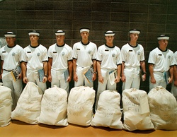 New would-be plebes line up for instruction at the U.S. Naval Academy.