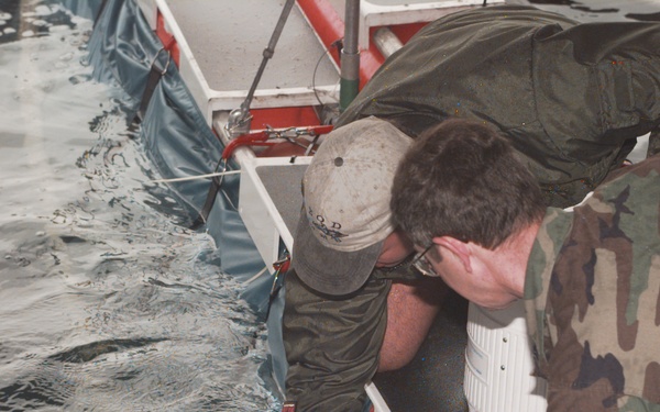Sgt. Fahs pets a dolphin during Exercise Baltic Challenge.
