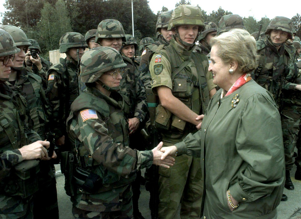 U.S. Secretary of State Madeleine Albright greets the troops at Tuzla Air Base