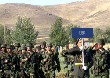 Soldiers from the 10th Mountain Division march past the reviewing stand in Chirchik, Uzbekistan.