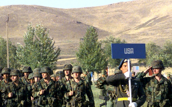 Soldiers from the 10th Mountain Division march past the reviewing stand in Chirchik, Uzbekistan.