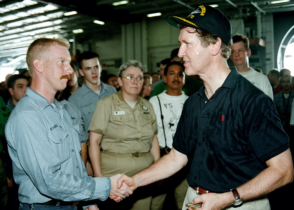 Secretary Cohen meets with some of the crew of the USS Abraham Lincoln.