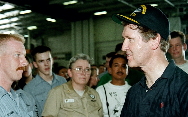 Secretary Cohen meets with some of the crew of the USS Abraham Lincoln.