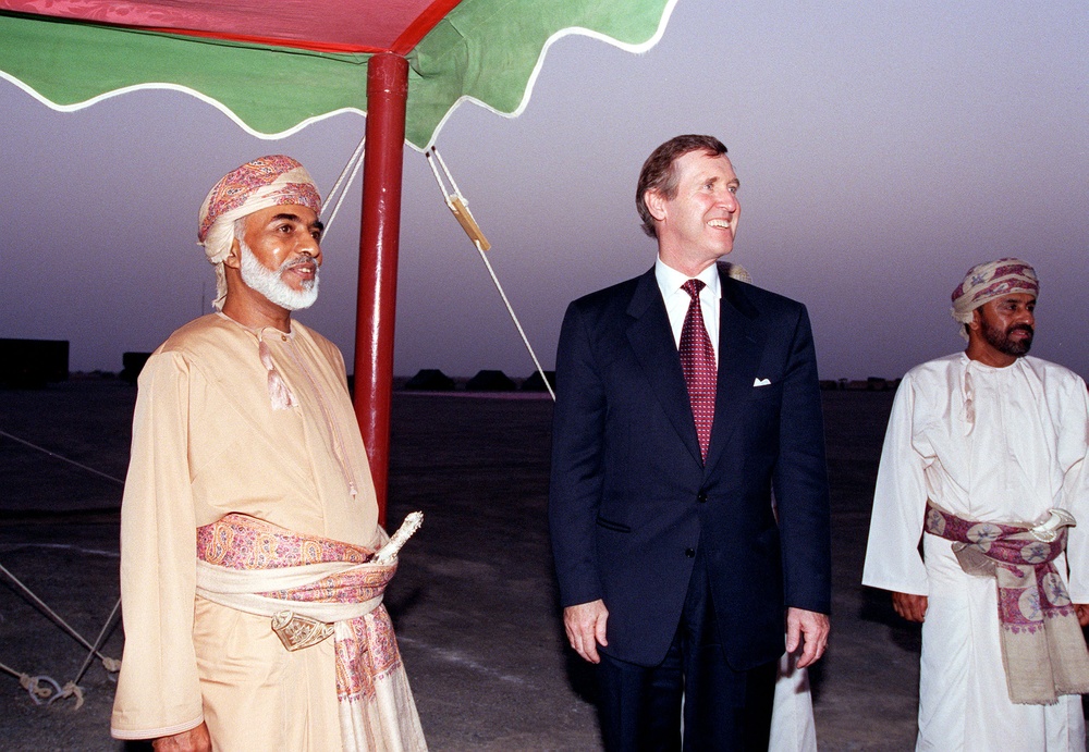 Sultan Qaboos bin Said and Secretary Cohen at the Sultan's desert camp near Sohar, Oman.