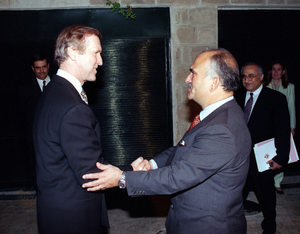 Secretary Cohen is welcomed at the residence of Crown Prince Hassan in Amman, Jordan.