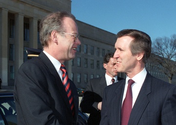 Secretary Cohen greets German Minister of Defense Rudolf Scharping at the Pentagon.