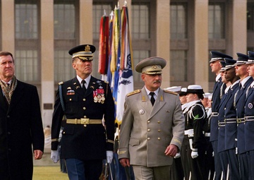 Secretary Cohen escorts Minister of Defense Gen. Lt. Tevzadze as he inspects the honor guard.