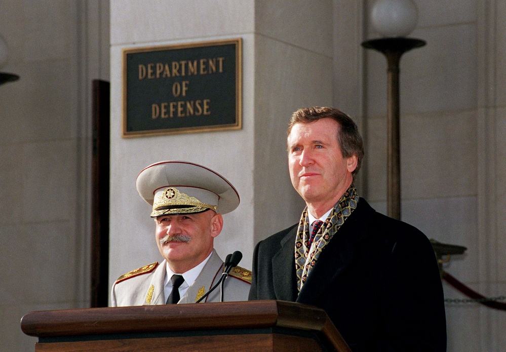 Secretary Cohen and Minister of Defense Gen. Lt. Tevzadze listen to a reporter's question.