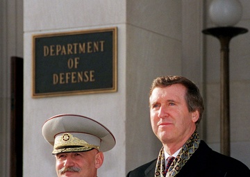 Secretary Cohen and Minister of Defense Gen. Lt. Tevzadze listen to a reporter's question.
