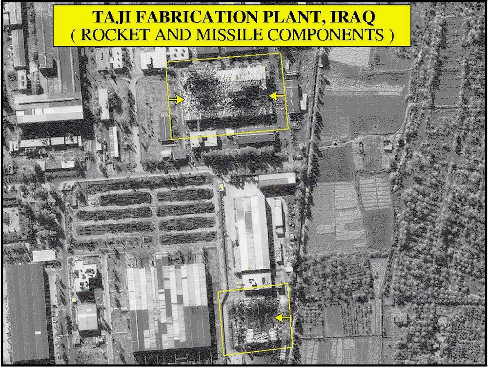 Bomb damage assessment photo of the Taji Fabrication Plant, Iraq, shown on television.