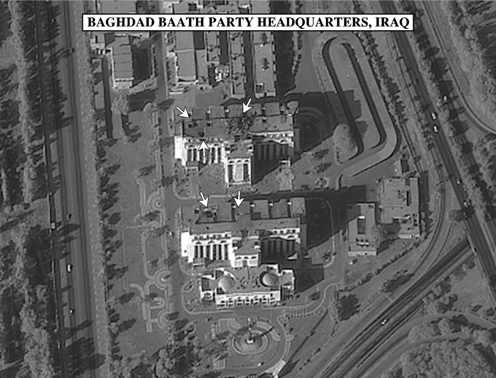 Bomb damage assessment photo of the Baghdad Baath Party Headquarters, Iraq.