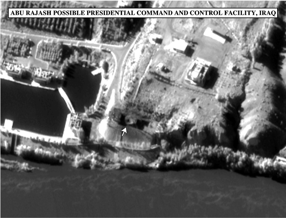 Bomb damage assessment photo of the Abu Rajash Presidential Command and Control Facility, Iraq.