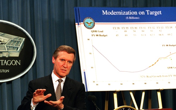 Secretary of Defense Cohen briefs reporters on the Fiscal Year 2000 defense budget.