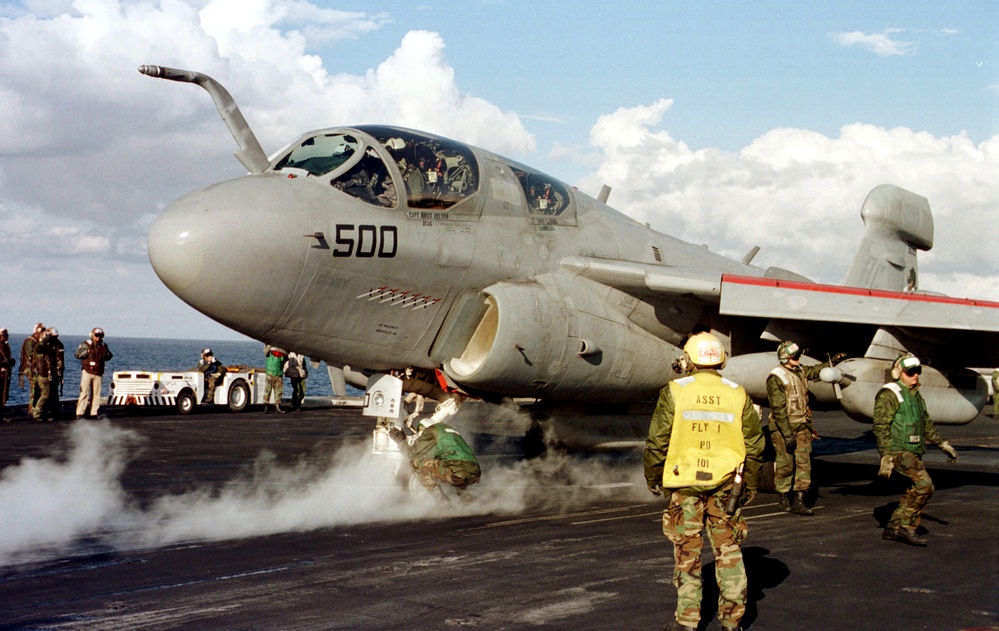 An EA-6B Prowler is prepared for launch off the USS Enterprise in the Adriatic Sea.