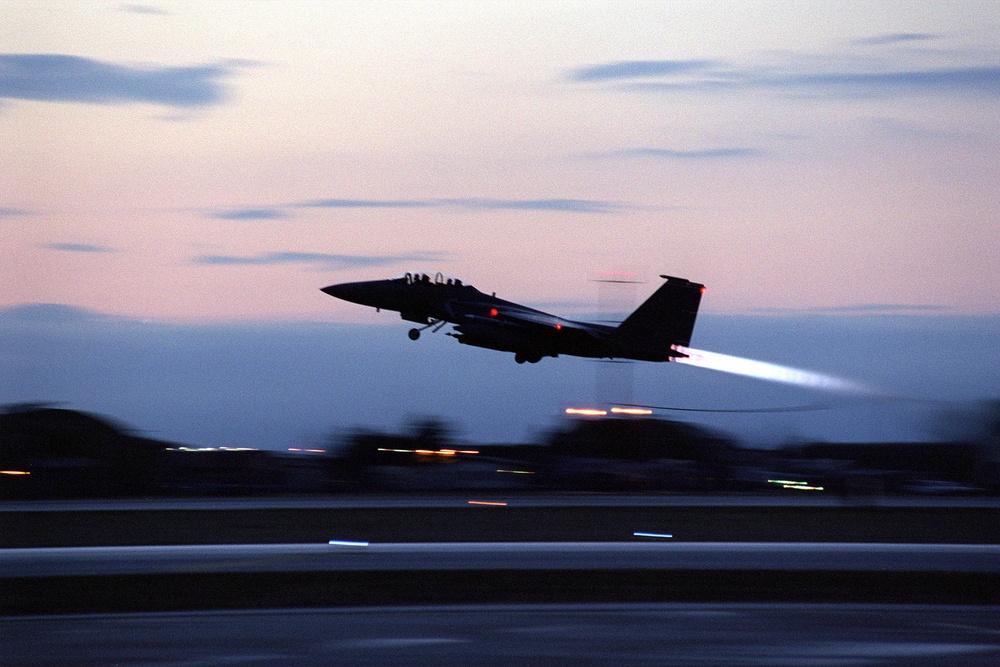 A U.S. Air Force F-15E Strike Eagle takes off from Aviano Air Base.