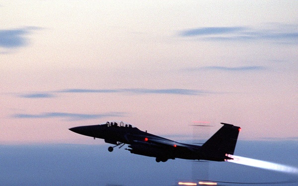 A U.S. Air Force F-15E Strike Eagle takes off from Aviano Air Base.