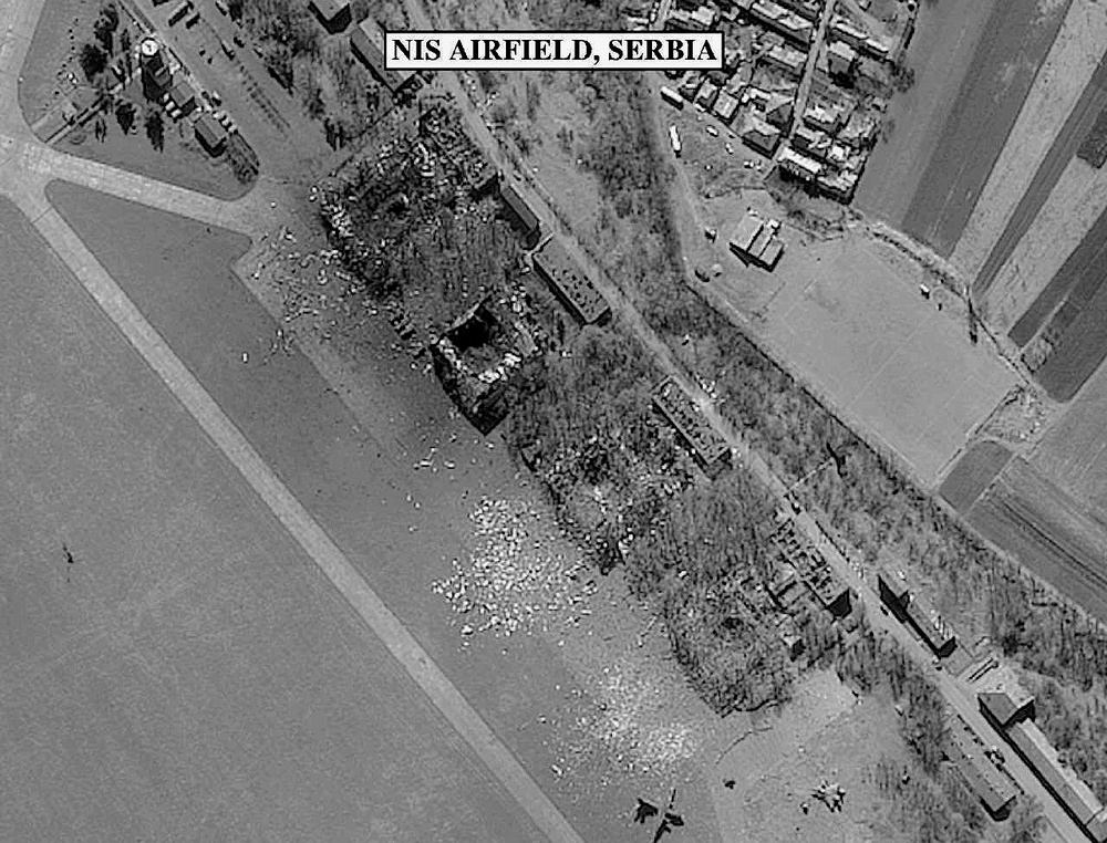 Bomb damage assessment photo of the Nis Airfield, Serbia, shown on television.