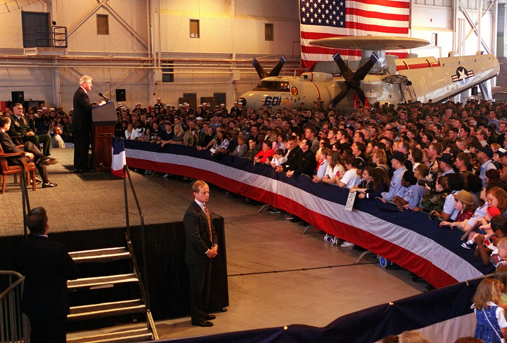 President Clinton addresses U.S. and NATO military personnel at Norfolk Naval Station. President Clinton addresses U.S. and NATO military personnel at Norfolk Naval Station.
