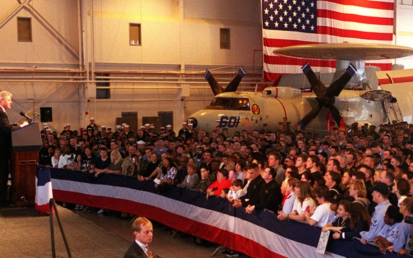 President Clinton addresses U.S. and NATO military personnel at Norfolk Naval Station.