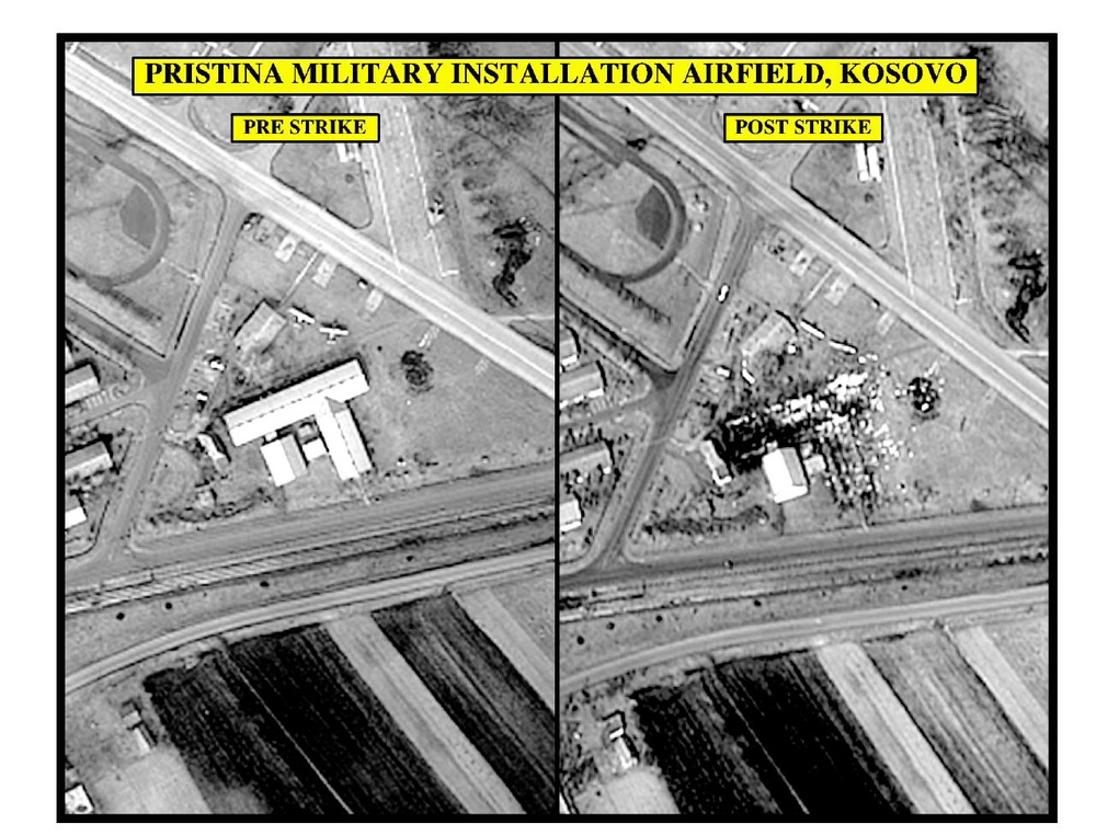 Pre-strike and post-strike assessment photo of Pristina military airfield.