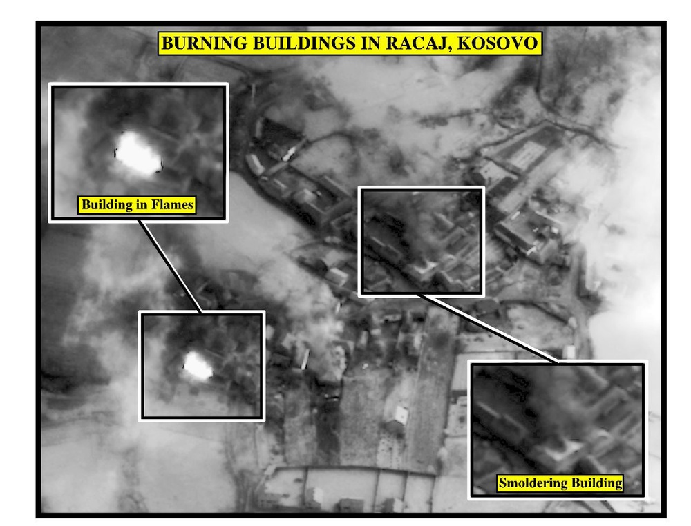 Photo of burning buildings in Racaj, Kosovo.