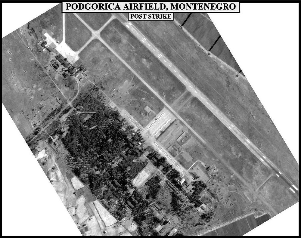 Post-strike bomb damage assessment photograph of the Podgorica Airfield, Montenegro.